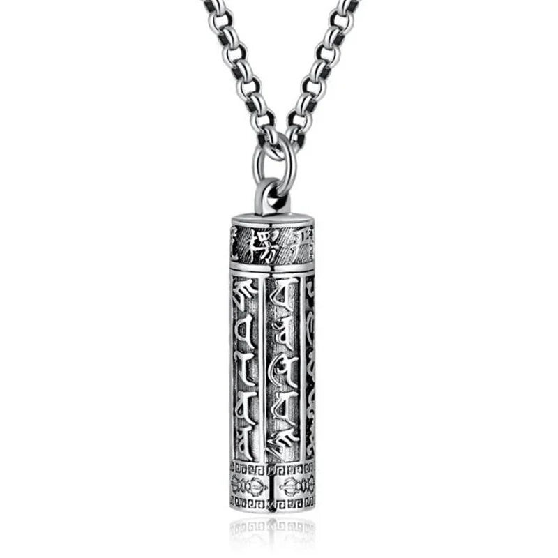 Buddhist Scripture Box Pendant Necklace – Retro Amulet Jewelry for Men