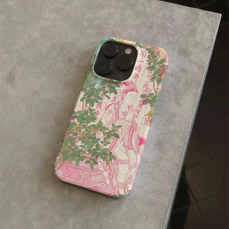 "Manjusri Buddha Phone Case – Pink Chinese Style with Buddhist Scripture for iPhone 11–16 Pro Max"