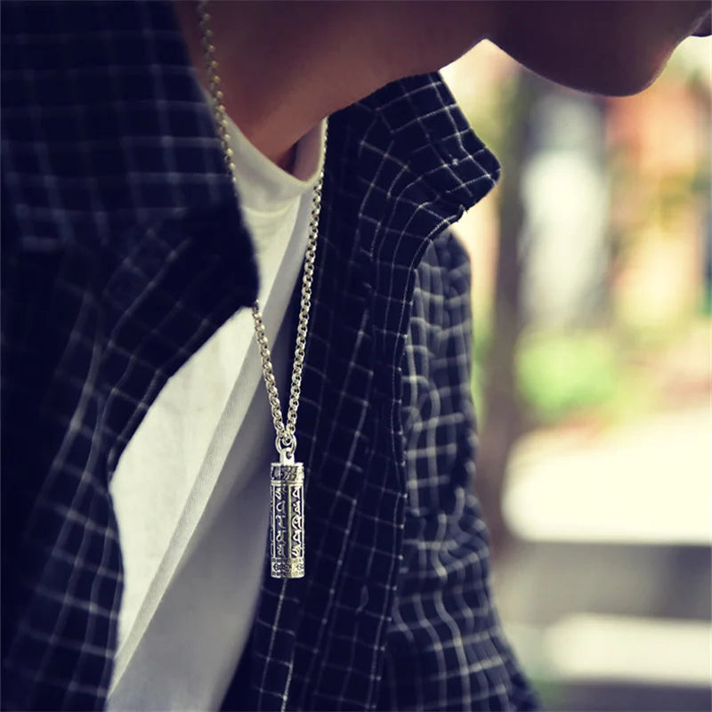 Buddhist Scripture Box Pendant Necklace – Retro Amulet Jewelry for Men