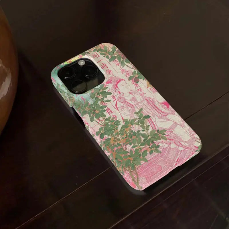 "Manjusri Buddha Phone Case – Pink Chinese Style with Buddhist Scripture for iPhone 11–16 Pro Max"