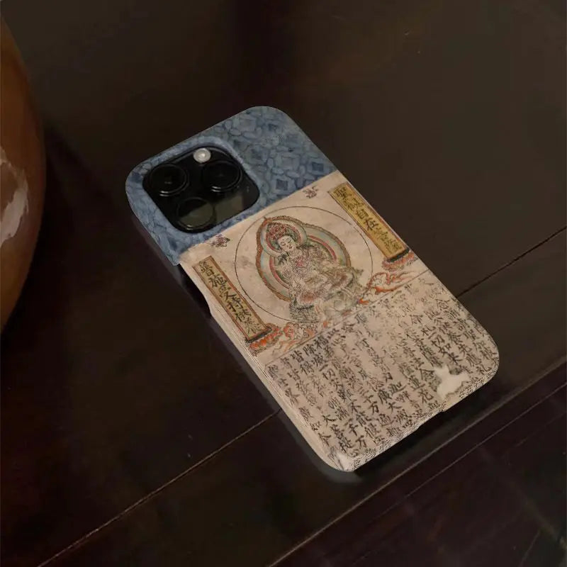Statue Vintage Buddha with Buddhist Scriptures Phone Case for iPhone 11-16 Pro Max Back Cover