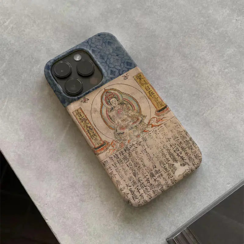 Statue Vintage Buddha with Buddhist Scriptures Phone Case for iPhone 11-16 Pro Max Back Cover