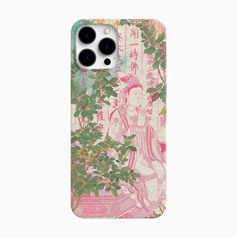 "Manjusri Buddha Phone Case – Pink Chinese Style with Buddhist Scripture for iPhone 11–16 Pro Max"