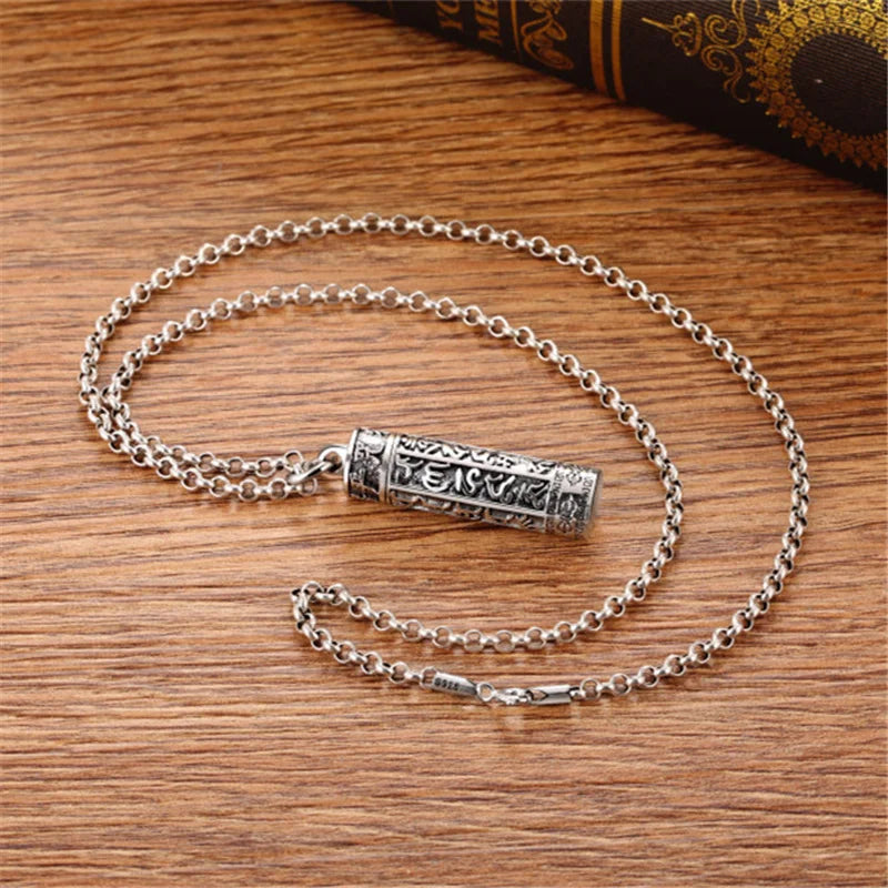 Buddhist Scripture Box Pendant Necklace – Retro Amulet Jewelry for Men